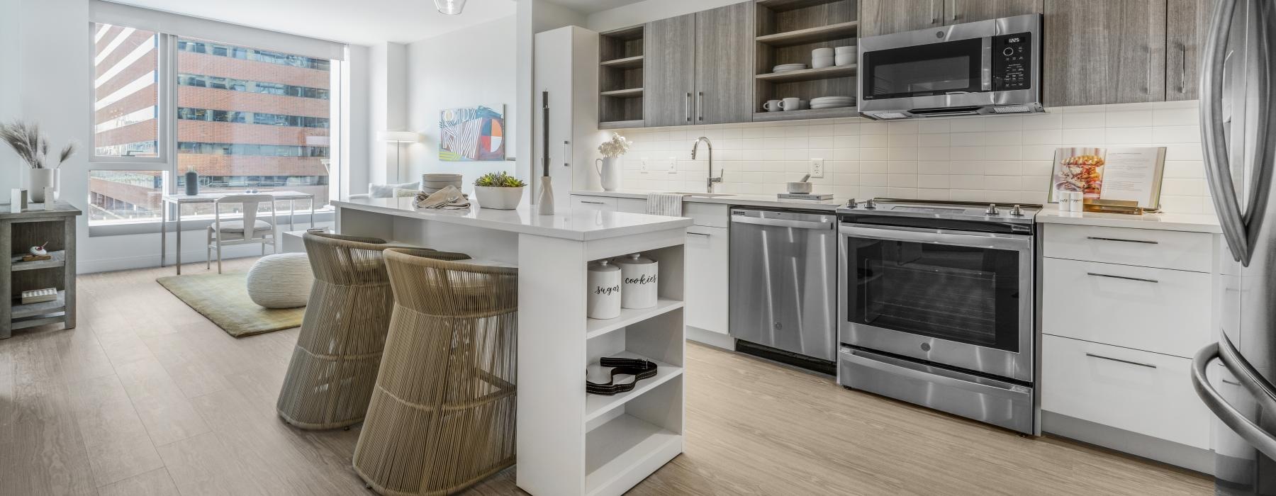 a kitchen with a wood floor